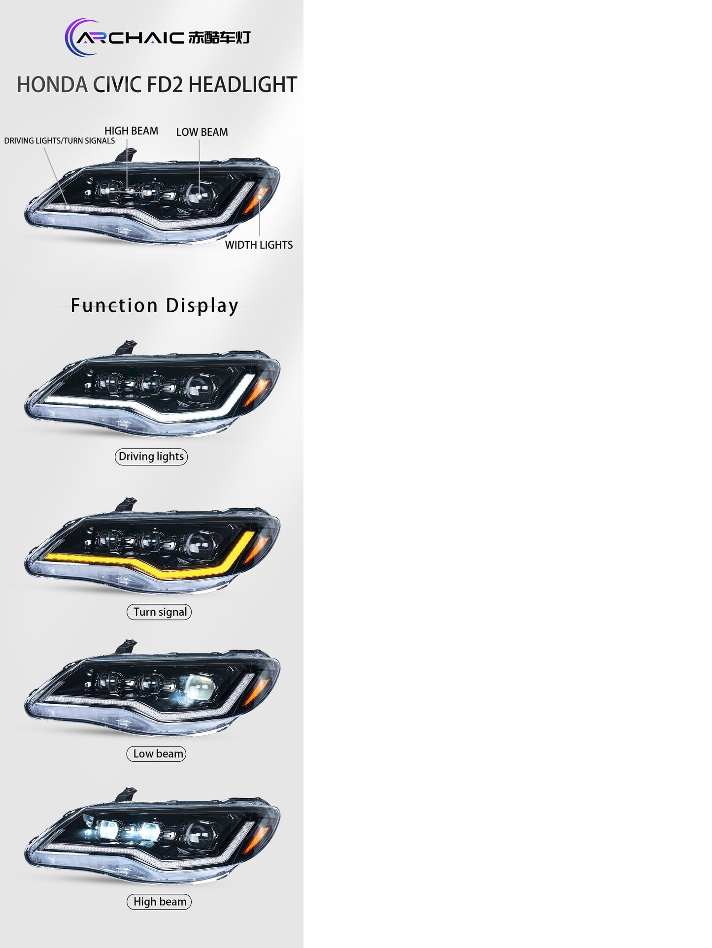 Archaic Honda Civic FD Headlights for Civic FD1, FD2 type-R (2006-2012)(LHD/ RHD)