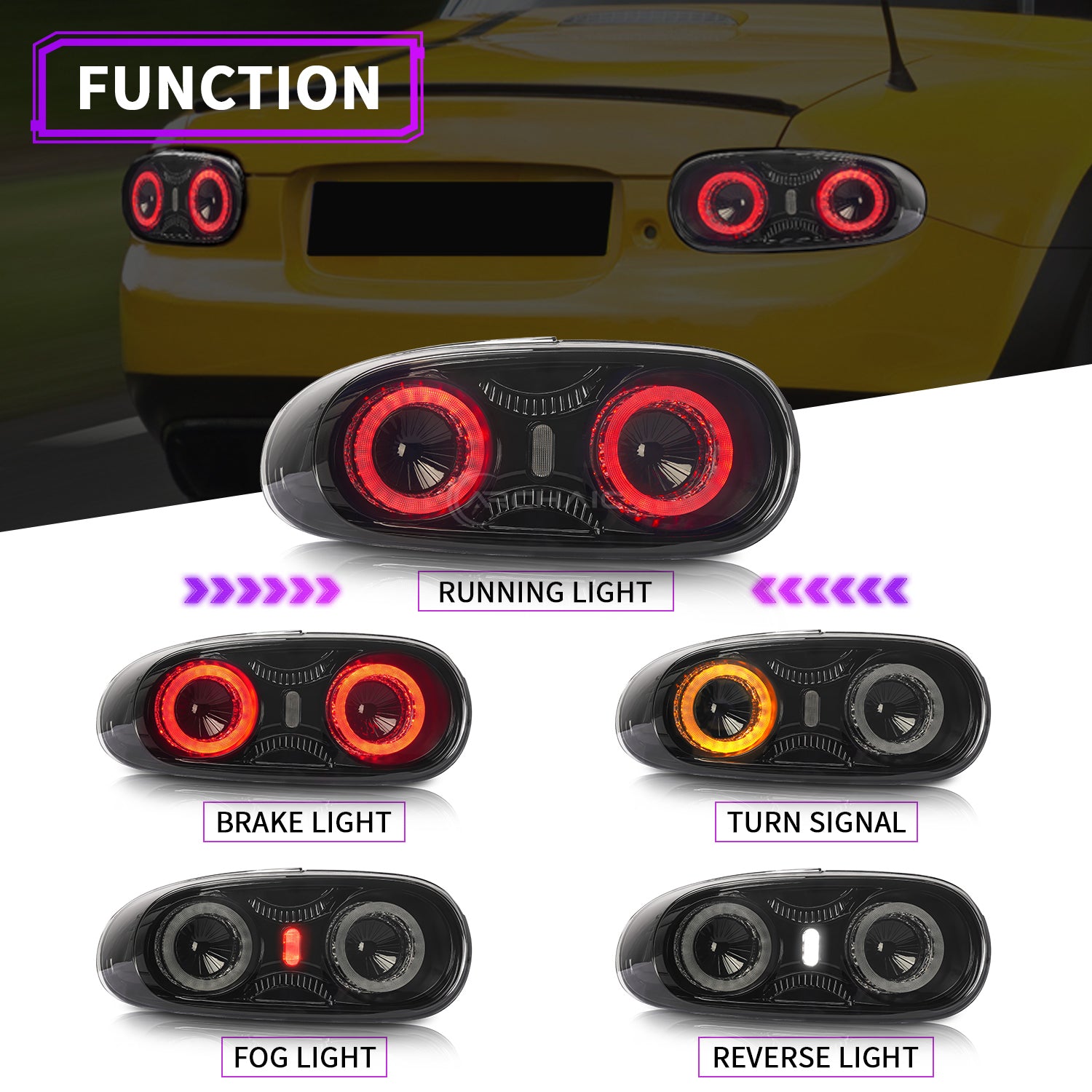 Mazda MX-5 LEDテールランプ スモーク 2個セット Archaic Full LED Tail Lights for Mazda MX-5 NC (2005-2015)（E-mark）