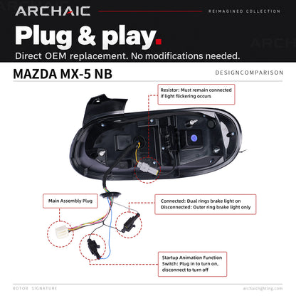 Feux arrière à LED Archaic pour Mazda MX-5 Miata NB 1998–2005, feux de jour à animation 3D, design JDM, installation facile, paire