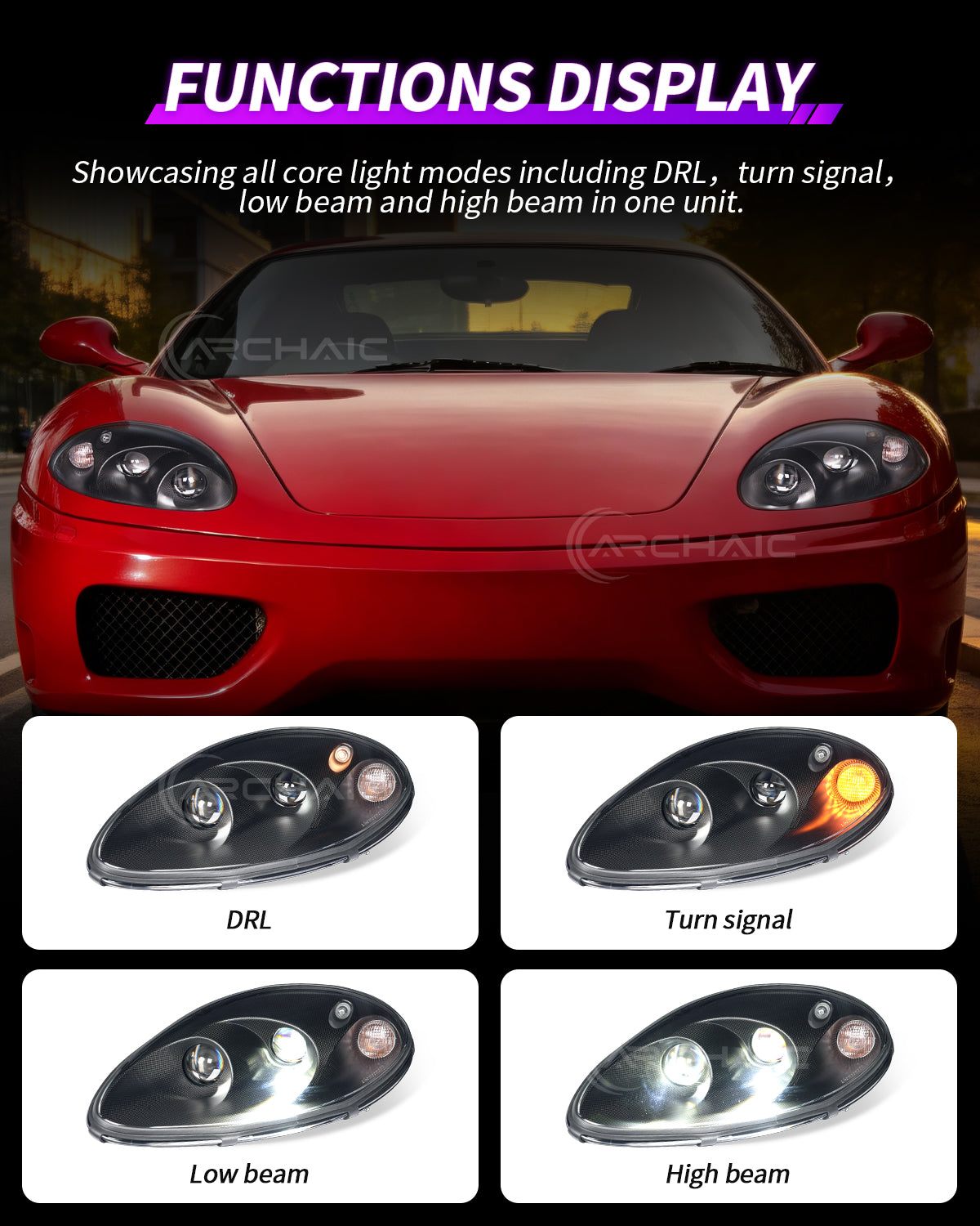 Archaic LED dual carbon fiber headlights for Ferrari 360 Modena/Spider (1999–2004)
