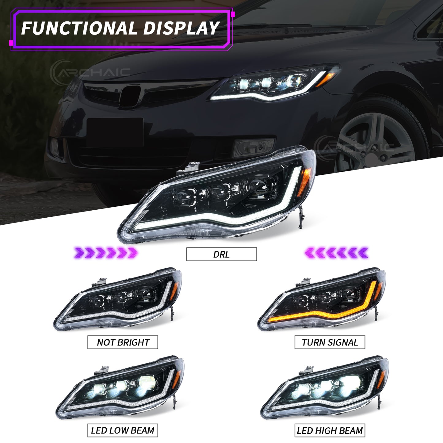 Aftermarket LED Headlights for Honda Civic FD1 FD2 Type R 2006–2012 | LHD/RHD Compatible Projector Front Lamp Replacement