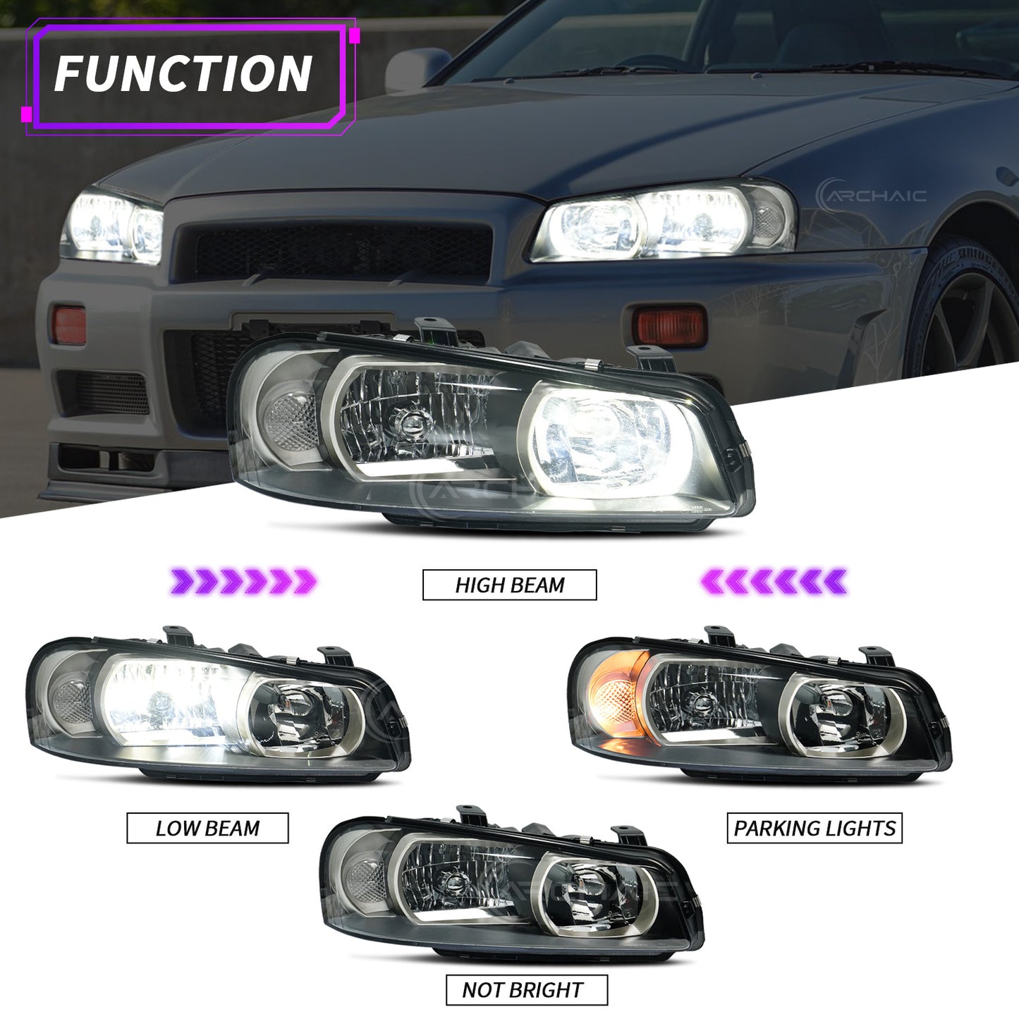 Archaic OE-Style Halogen Headlights for Nissan Skyline R34 1998–2002