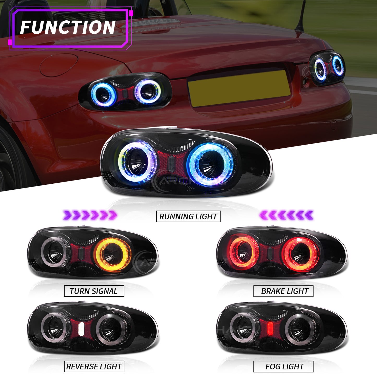 Archaic RGB LED Tail Lights for Mazda MX-5 Miata NA (1989-1997) with Reflectors | E-Mark Certified, APP Controlled, Plug & Play