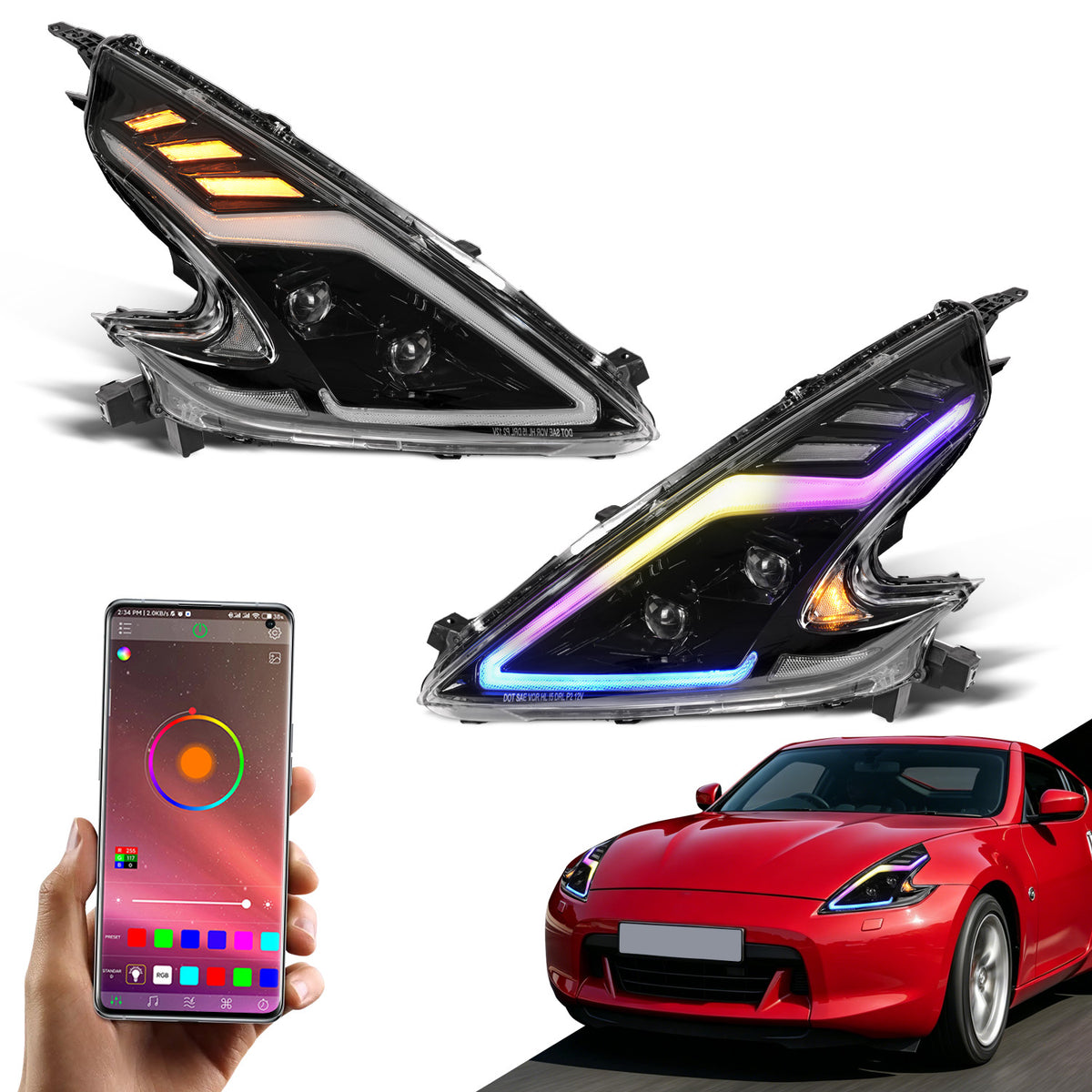 Archaic RGB LED Headlights For Nissan 370Z Z34 2009–2020 with App Control
