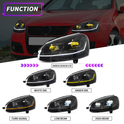 Faros delanteros LED completos Archaic para VW Golf MK5 Rabbit LED Headlights 2006-2009 | Jetta 2006-2010 | Animación de inicio + Intermitentes secuenciales | Negro brillante