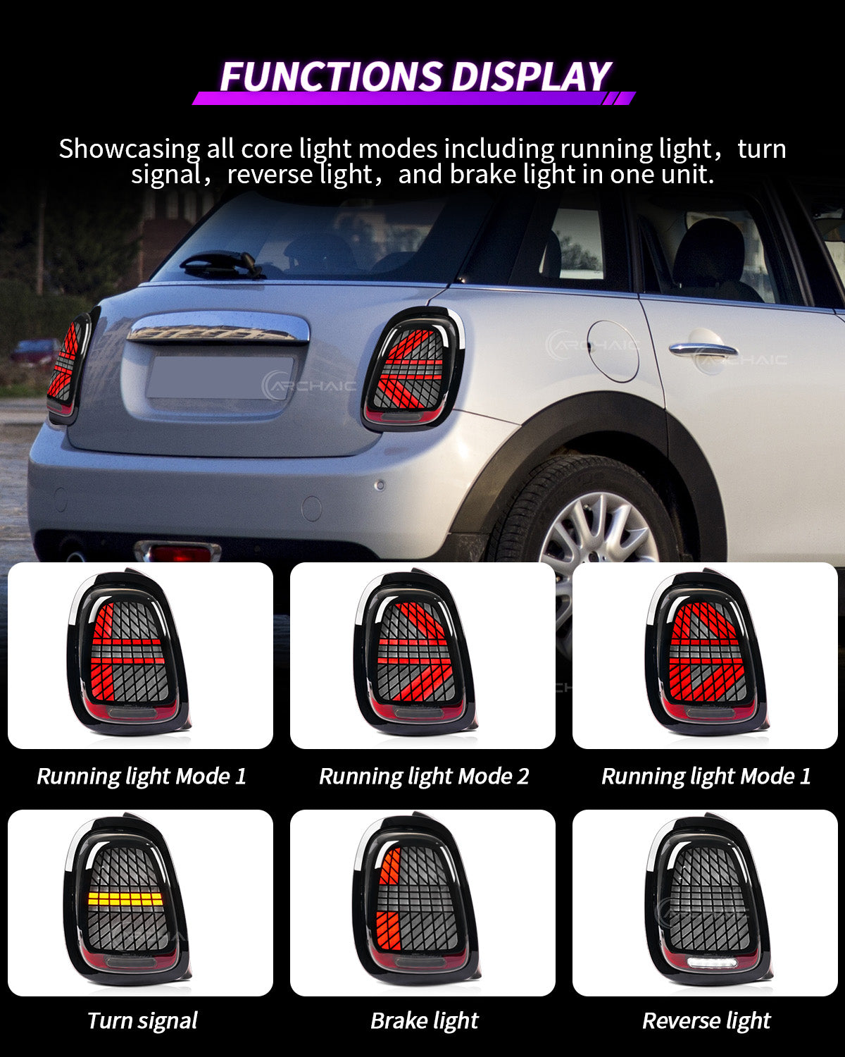 Mini Cooper F55 F56 F57 LED Tail Lights 2014–2024 | Sequential Turn Signal Rear Lamps by Archaic | Smoked & Red Options