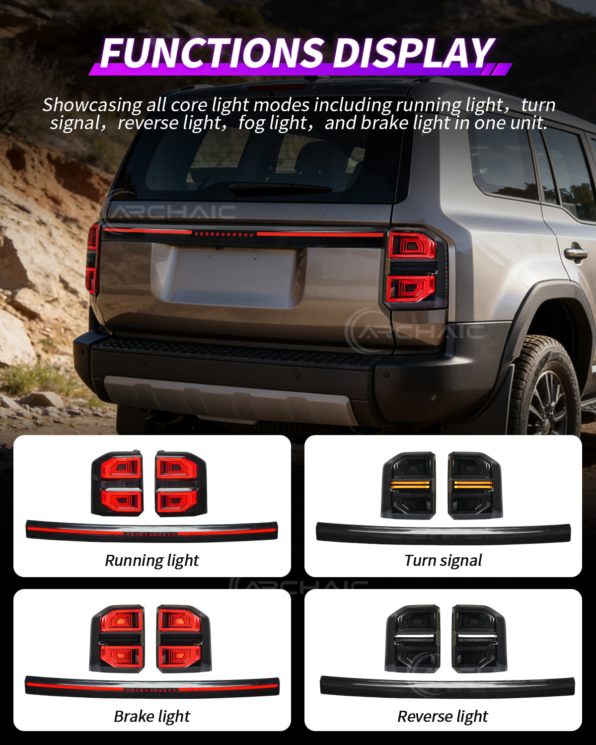 Archaic LED Tail Lights Compatible with Toyota Land Cruiser Prado LC250 (Non-US Models) 2025-UP | Smoked Lens | Sequential Turn Signal