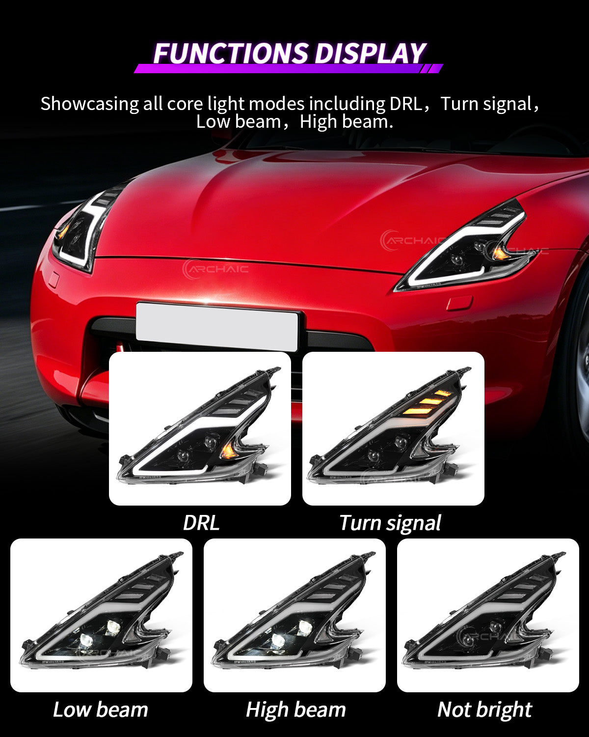 Z34 370Z ヘッドライト archaic Nissan 370Z Z34 LED Headlights | RGB & Sequential – Archaiclighting