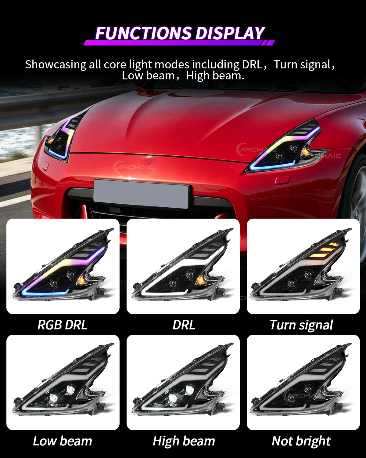 Archaic RGB LED Headlights For Nissan 370Z Z34 2009–2020 with App Control