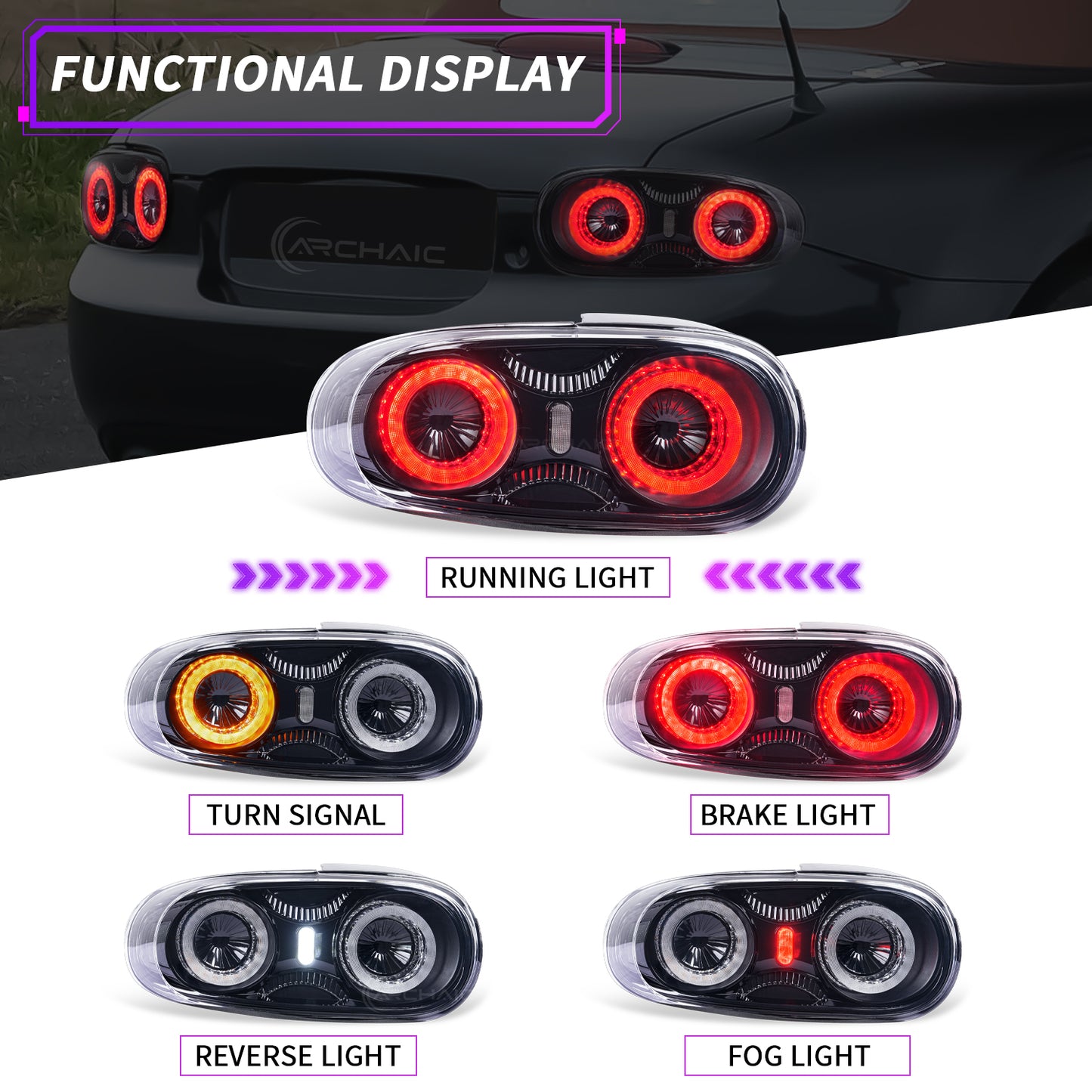 Archaic Full LED Tail Lights Assembly 2005–2015 Fit Mazda MX-5 Miata NC NC2 NC3 | E-Mark Certified Upgrade