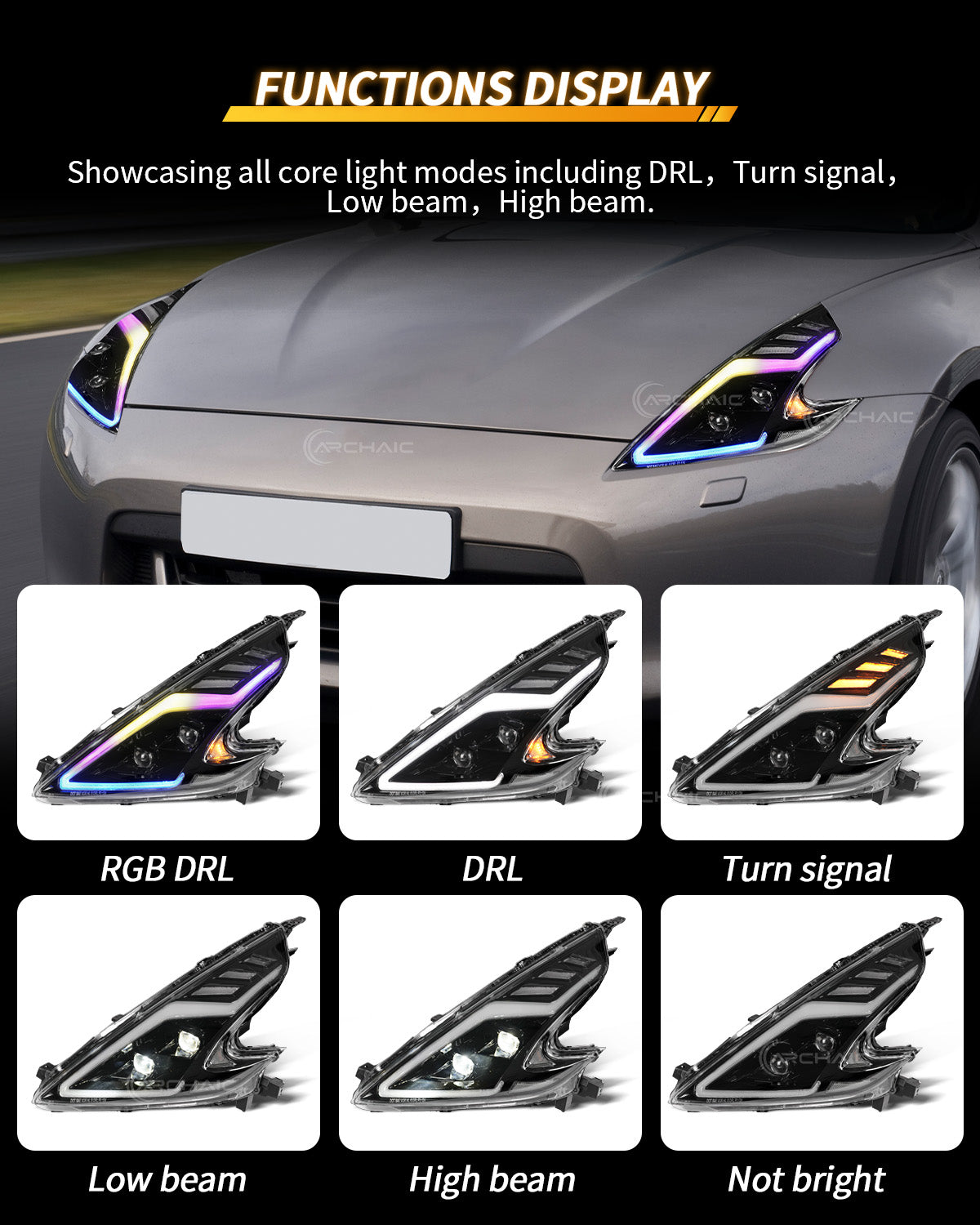 Faros LED de alto rendimiento para Nissan 370Z Z34 2008–2021 | DRL con animación RGB al encender