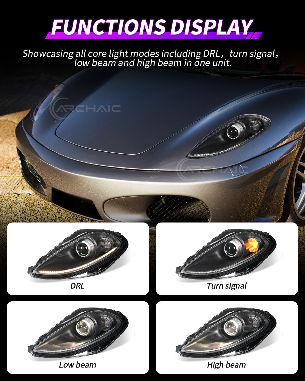 For Ferrari F430 Real Carbon Fiber Wrapped Bi-Xenon Projector LED Headlights