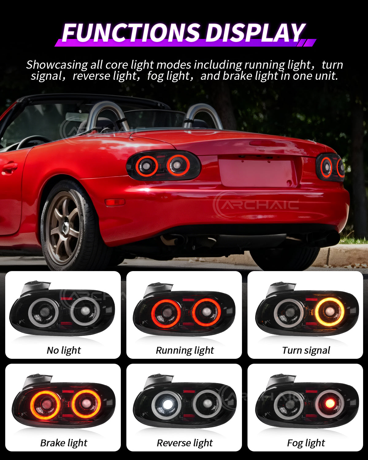 Archaic Full LED Tail Lights for Mazda MX-5 Miata NB 1998–2005 | 3D Animation DRL