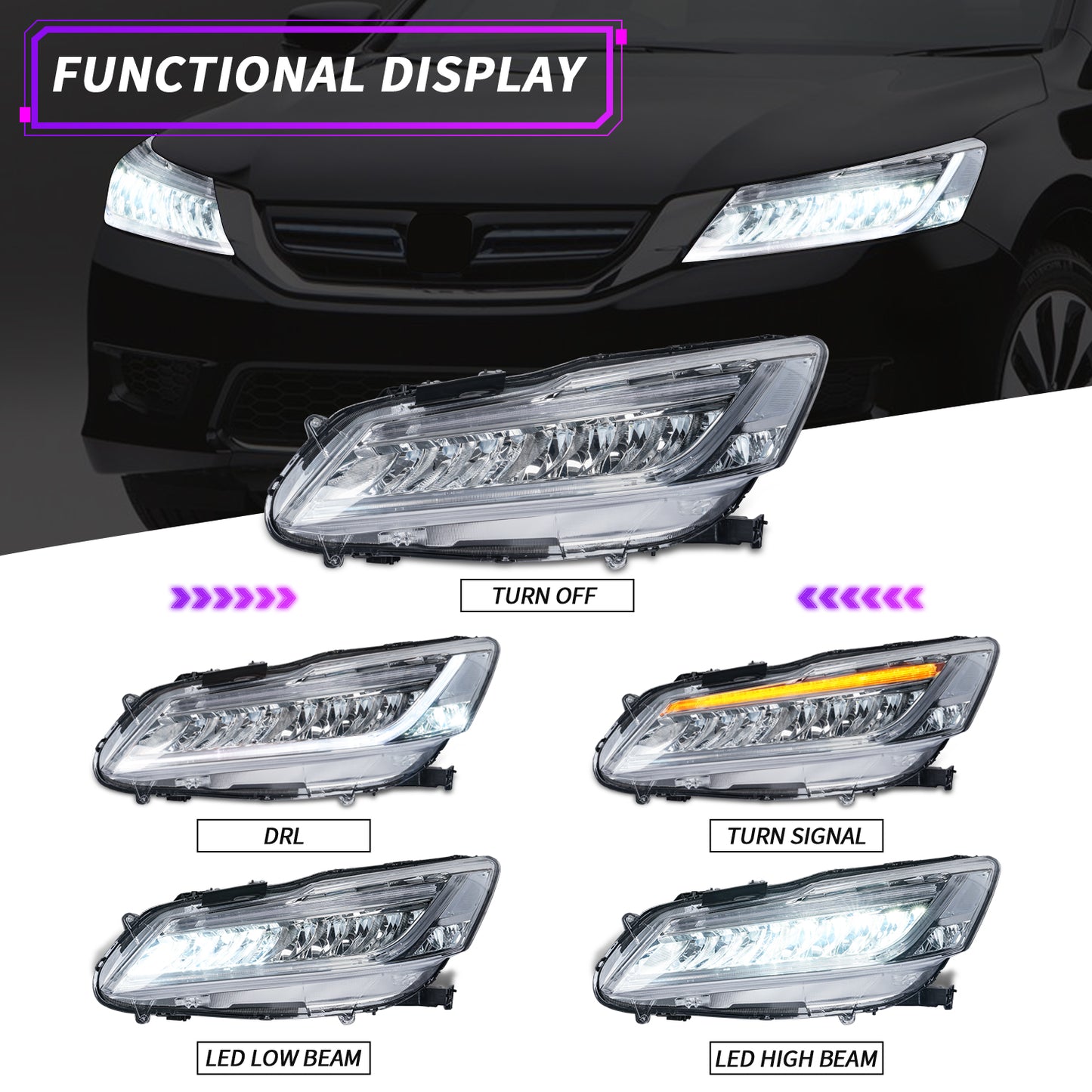 Full LED Headlights for  Honda Accord 2013-2017, Suitable for 9th Generation Driver + Passenger Side Pair