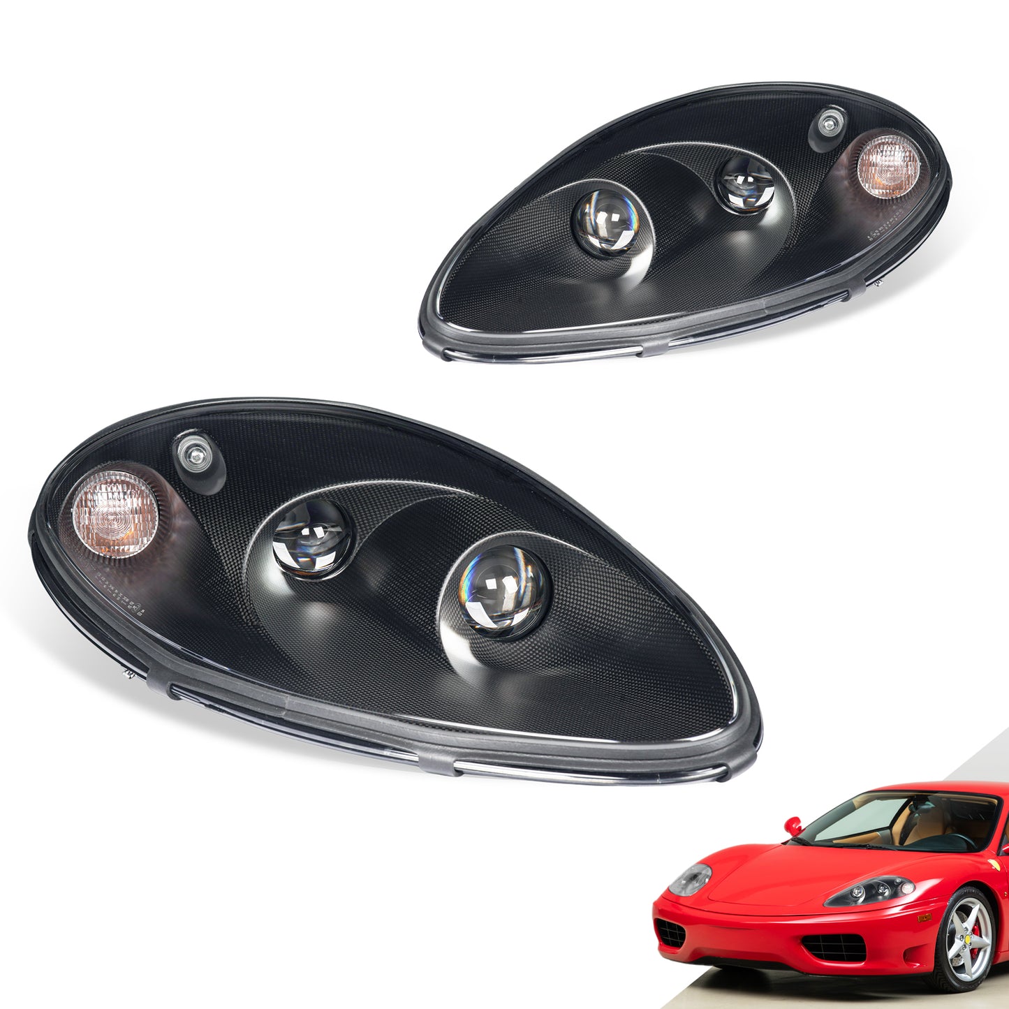 Bi-LED Headlights for Ferrari 360 Modena 1999-2004 | Real Carbon Fiber OEM+ Upgrade,with E-matk CertificateBi-LED Headlights for Ferrari 360 Modena 1999-2004 | Real Carbon Fiber OEM+ Upgrade,with E-matk Certificate
