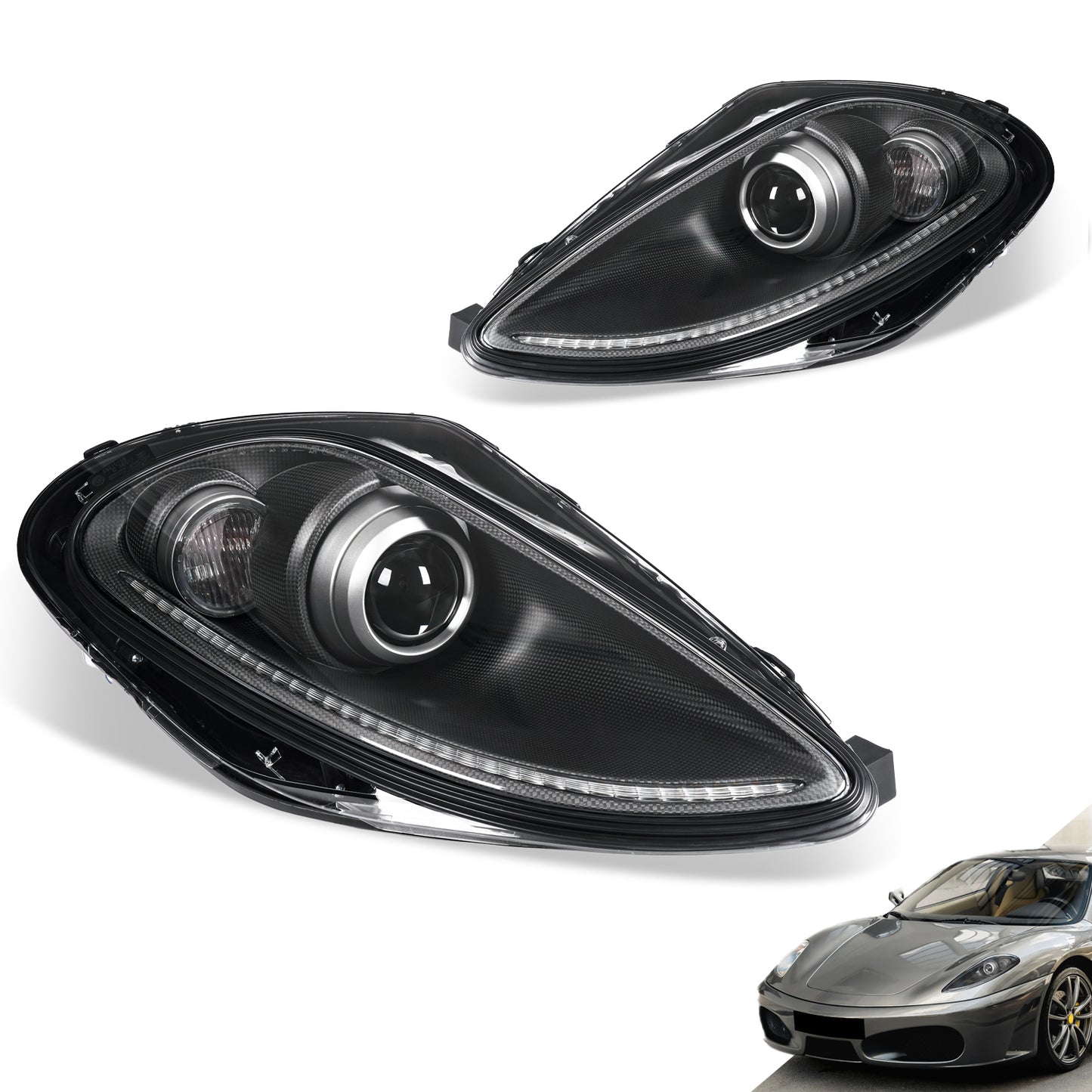 For Ferrari F430 Real Carbon Fiber Wrapped Bi-Xenon Projector LED Headlights