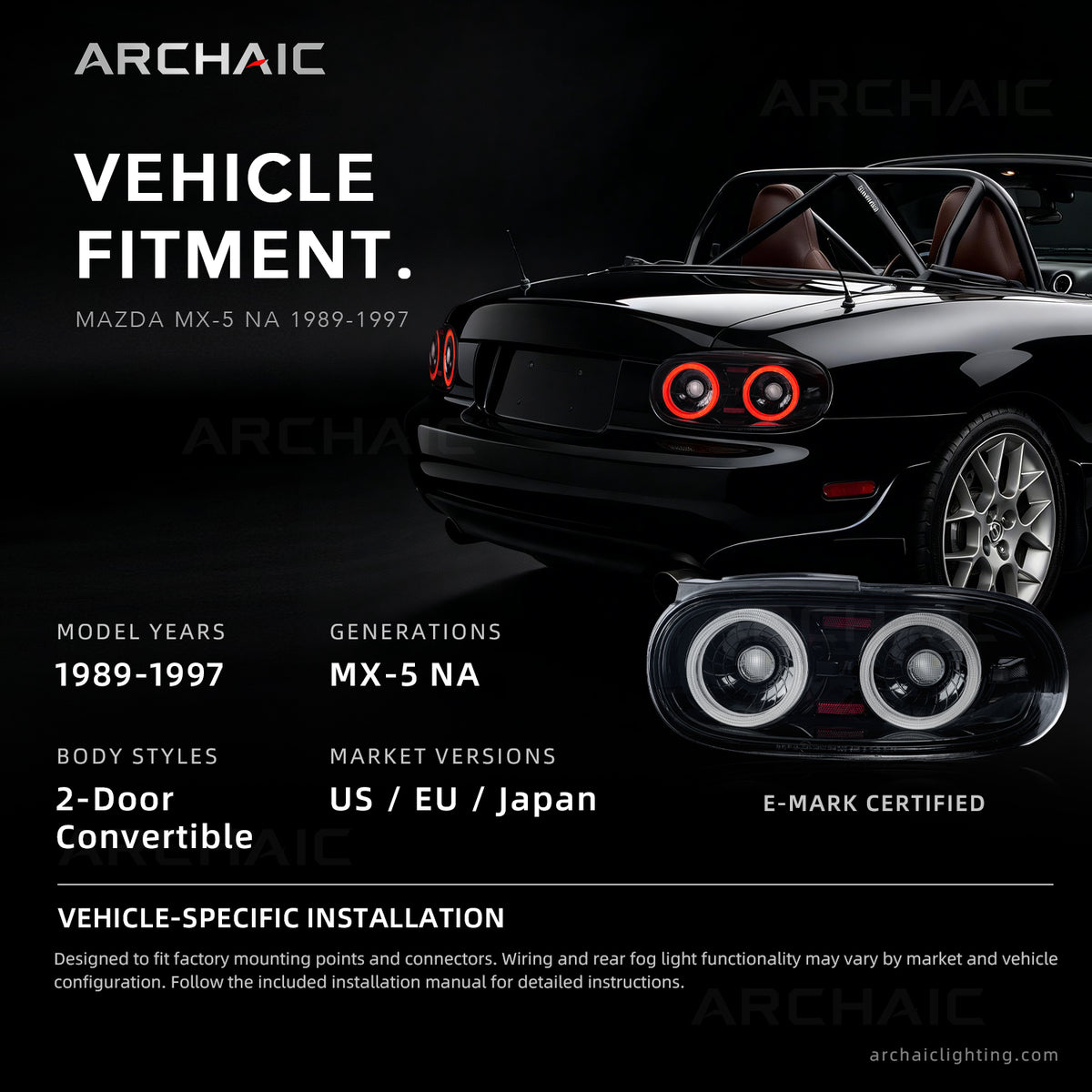 Archaic Full-LED Tail Lights for Mazda MX-5 Miata NA 1989–1997 | Smoke Edition
