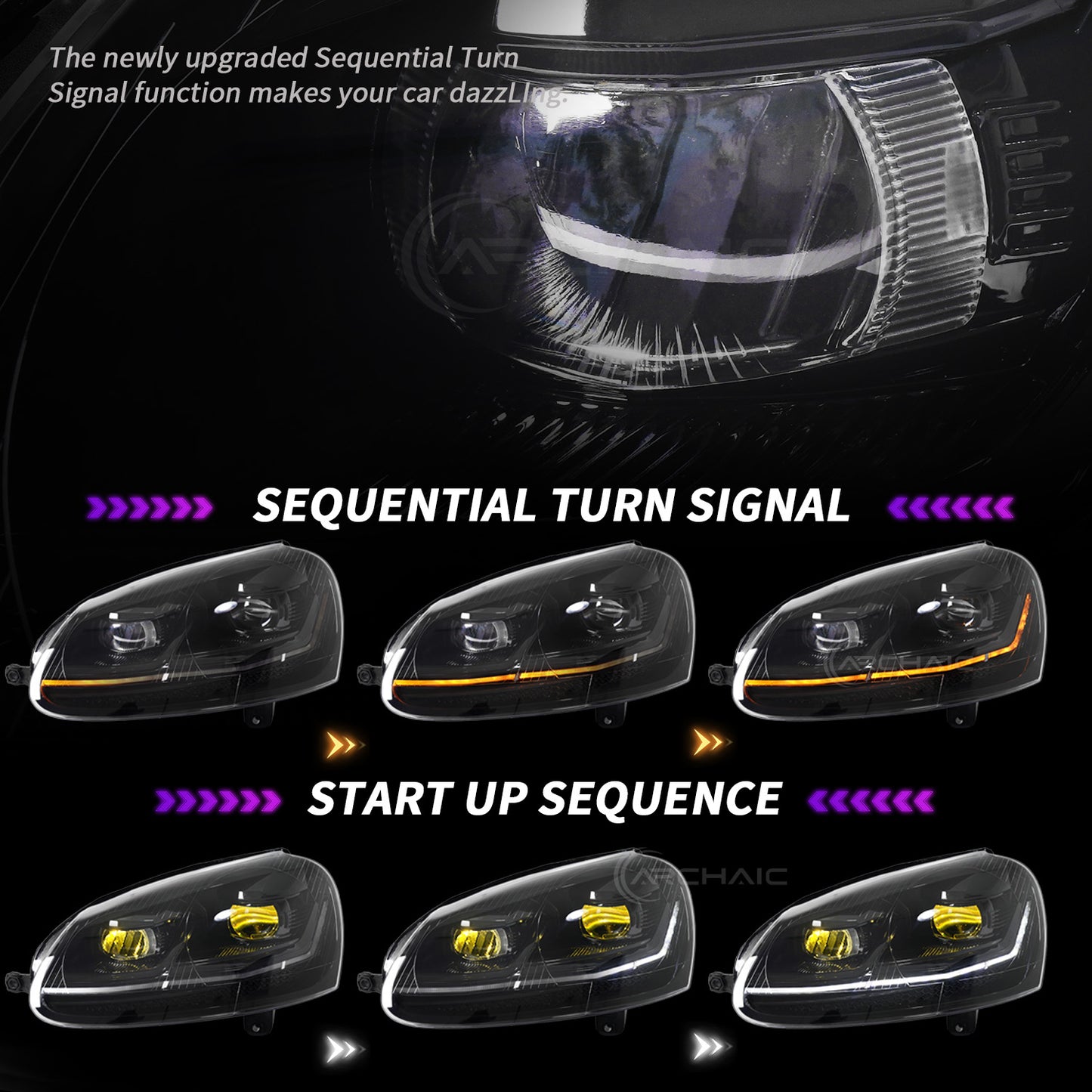 Faros delanteros LED completos Archaic para VW Golf MK5 Rabbit LED Headlights 2006-2009 | Jetta 2006-2010 | Animación de inicio + Intermitentes secuenciales | Negro brillante