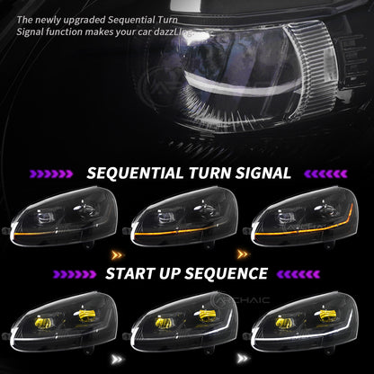 Faros delanteros LED completos Archaic para VW Golf MK5 Rabbit LED Headlights 2006-2009 | Jetta 2006-2010 | Animación de inicio + Intermitentes secuenciales | Negro brillante