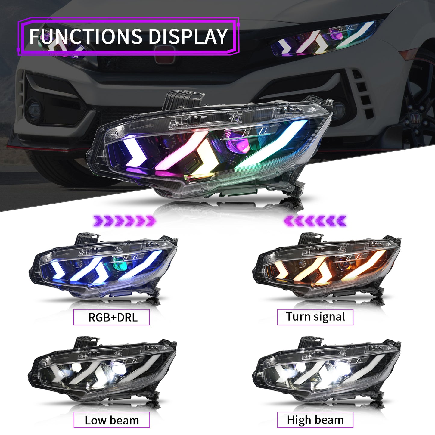 Full LED Headlights Assembly For 10th Gen Honda Civic 2016-2022,RGB DRL(US ONLY)