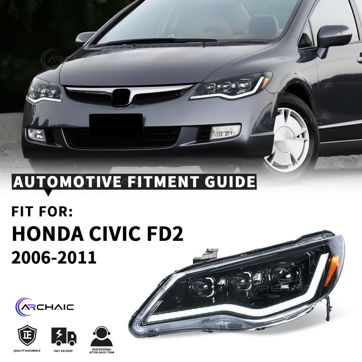 Aftermarket LED Headlights for Honda Civic FD1 FD2 Type R 2006–2012 | LHD/RHD Compatible Projector Front Lamp Replacement