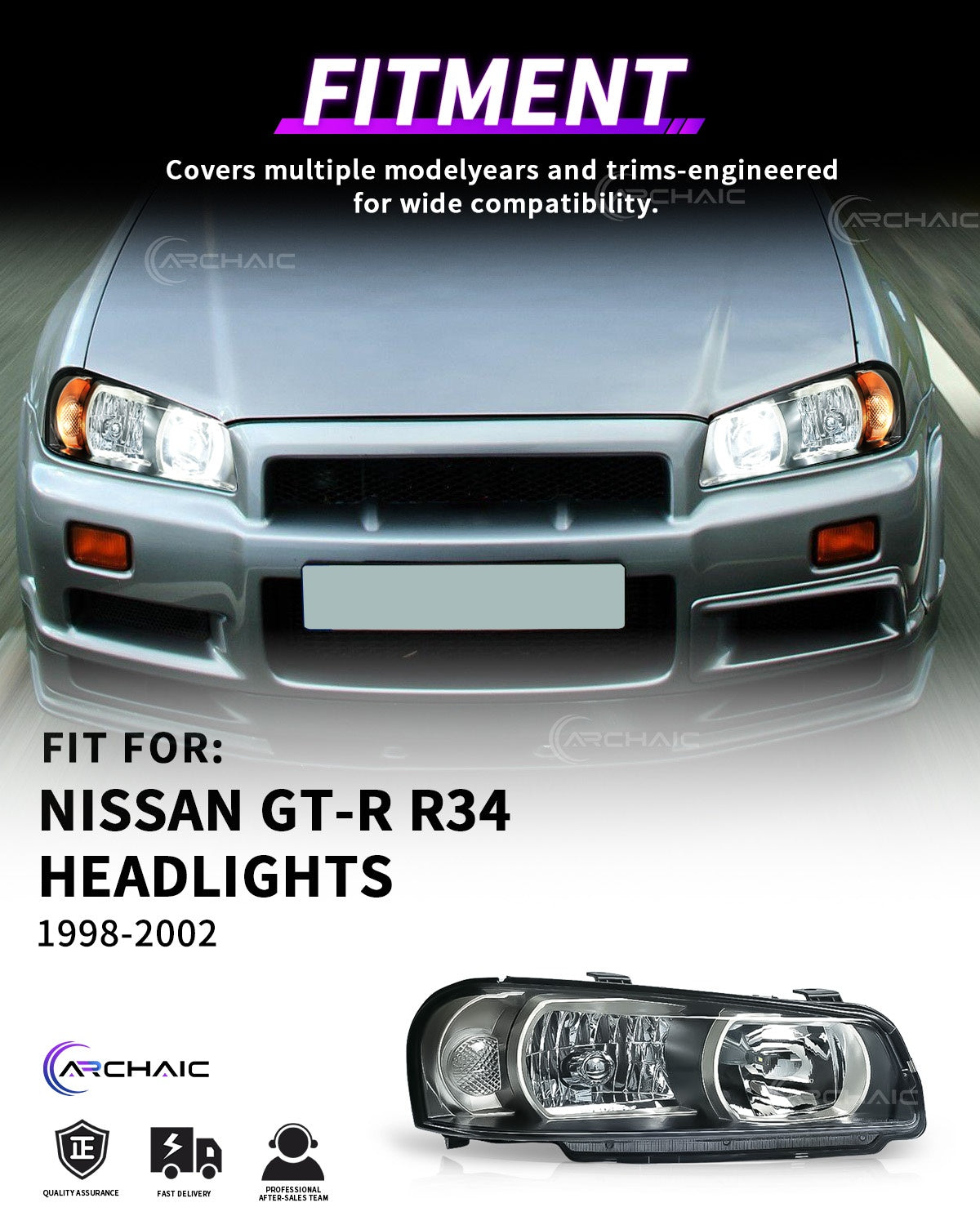 Archaic OE-Style Halogen Headlights for Nissan Skyline R34 1998–2002