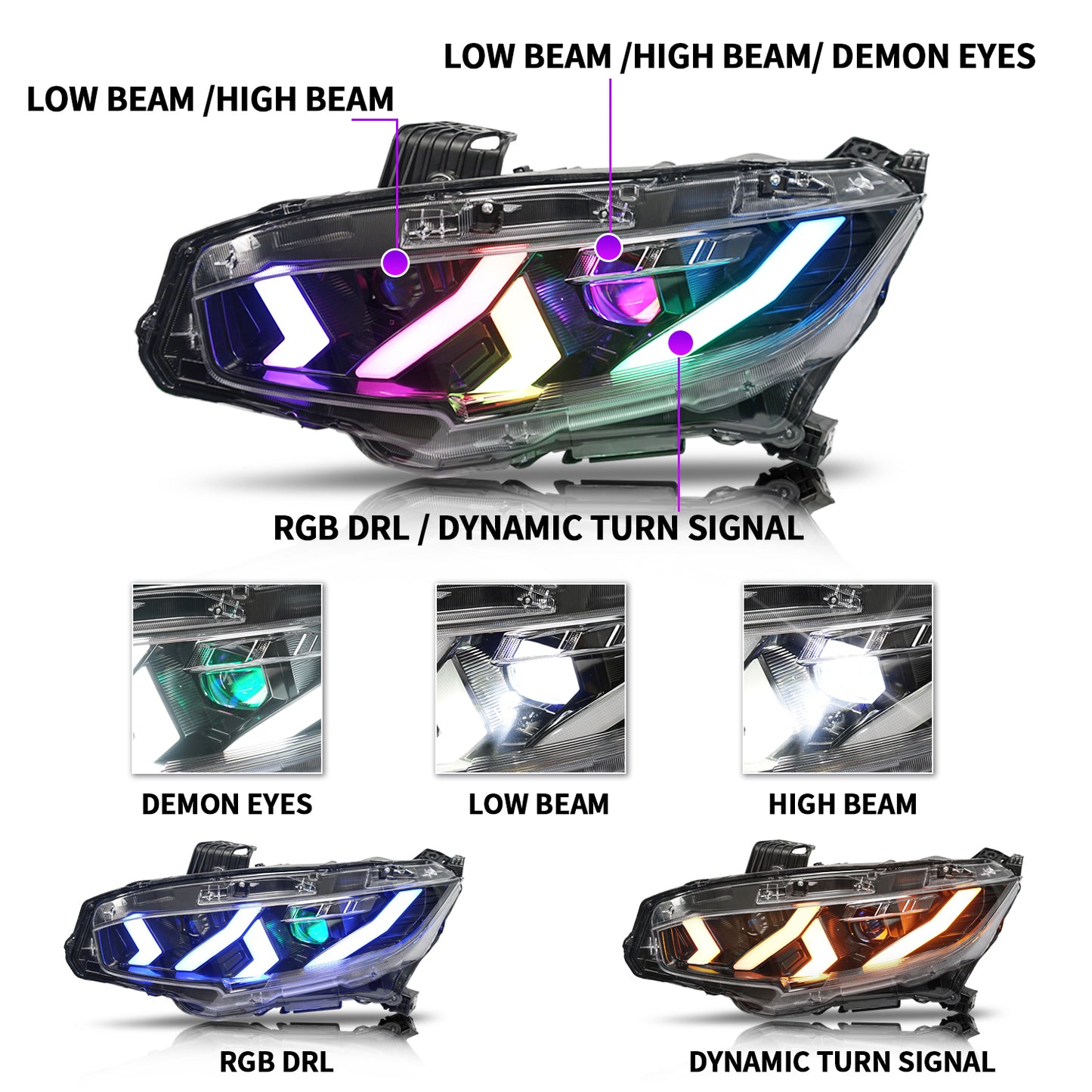 Full LED Headlights Assembly For 10th Gen Honda Civic 2016-2022,RGB DRL(US ONLY)