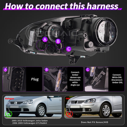 Faros delanteros LED completos Archaic para VW Golf MK5 Rabbit LED Headlights 2006-2009 | Jetta 2006-2010 | Animación de inicio + Intermitentes secuenciales | Negro brillante