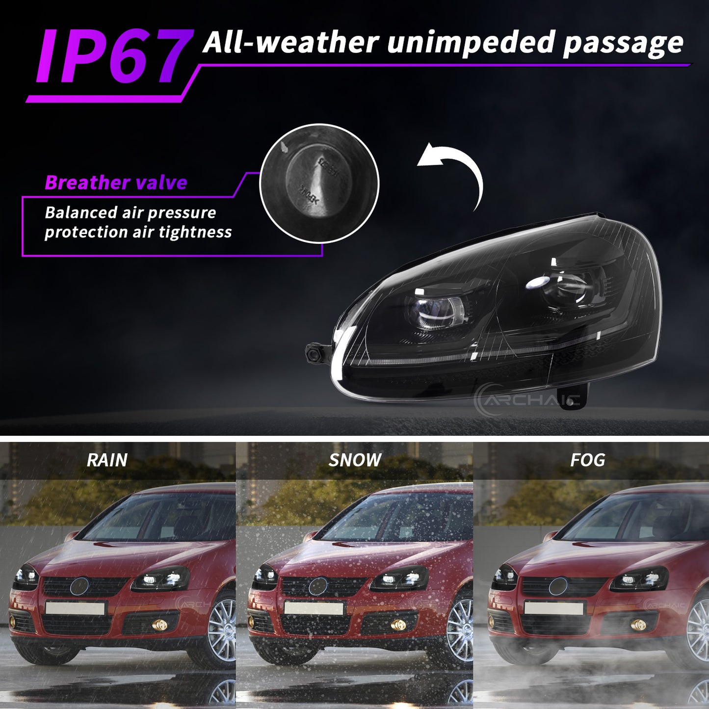 Faros delanteros LED completos Archaic para VW Golf MK5 Rabbit LED Headlights 2006-2009 | Jetta 2006-2010 | Animación de inicio + Intermitentes secuenciales | Negro brillante