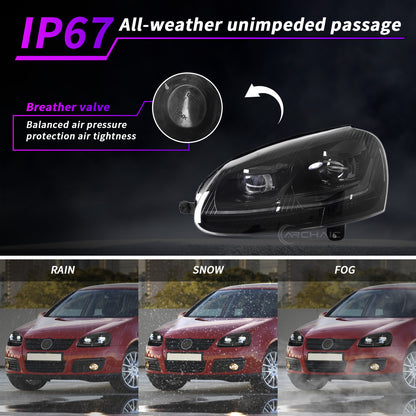 Faros delanteros LED completos Archaic para VW Golf MK5 Rabbit LED Headlights 2006-2009 | Jetta 2006-2010 | Animación de inicio + Intermitentes secuenciales | Negro brillante