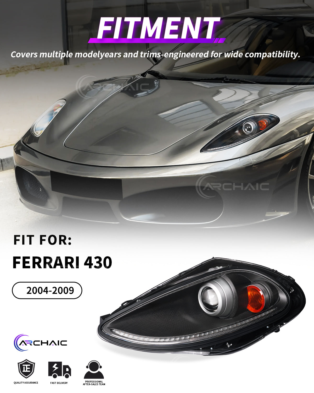 Ferrari F430 Carbon Fiber Wrapped Bi-Xenon Projector Headlights – E-Mark & DOT Certified OEM+ Upgrade