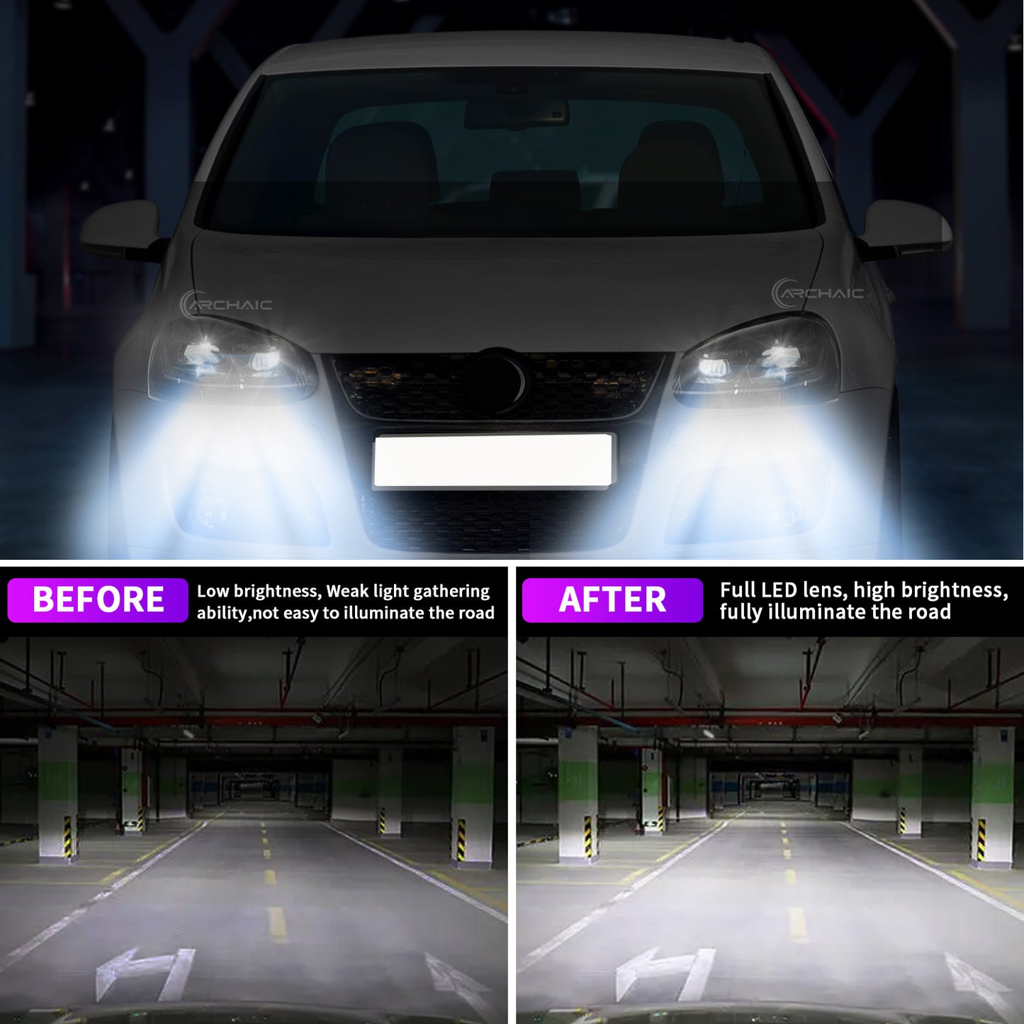 Faros delanteros LED completos Archaic para VW Golf MK5 Rabbit LED Headlights 2006-2009 | Jetta 2006-2010 | Animación de inicio + Intermitentes secuenciales | Negro brillante