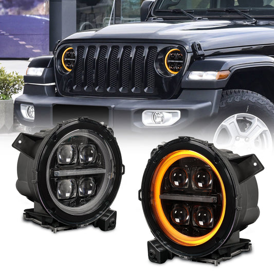 Archaic 4 Lens LED Headlights for Jeep Wrangler JL 2018–2024 Sequential Turn Signal Start-Up Animation IP67 Waterproof RGB or Yellow White Beam Upgrade