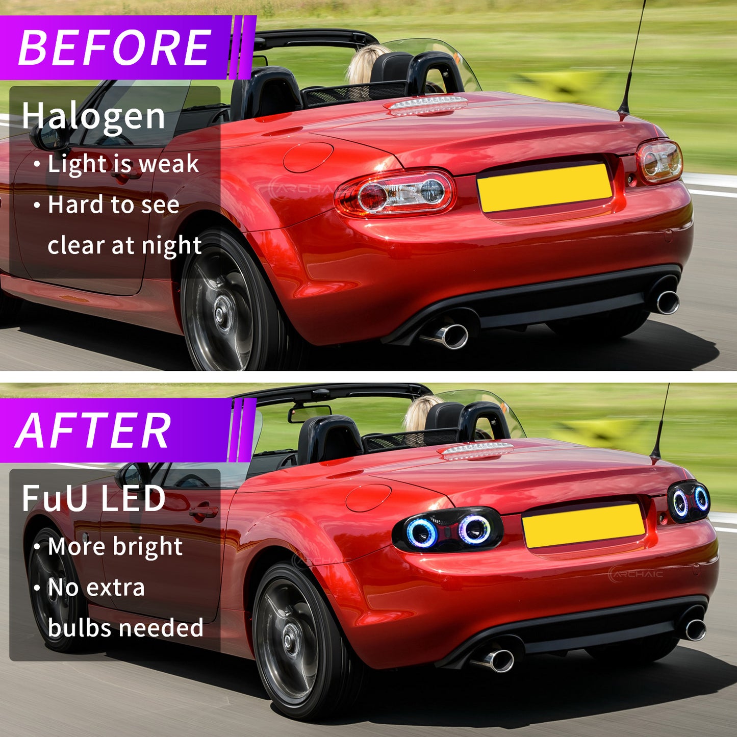 Archaic RGB LED Tail Lights for Mazda MX-5 Miata NA (1989-1997) with Reflectors | E-Mark Certified, APP Controlled, Plug & Play