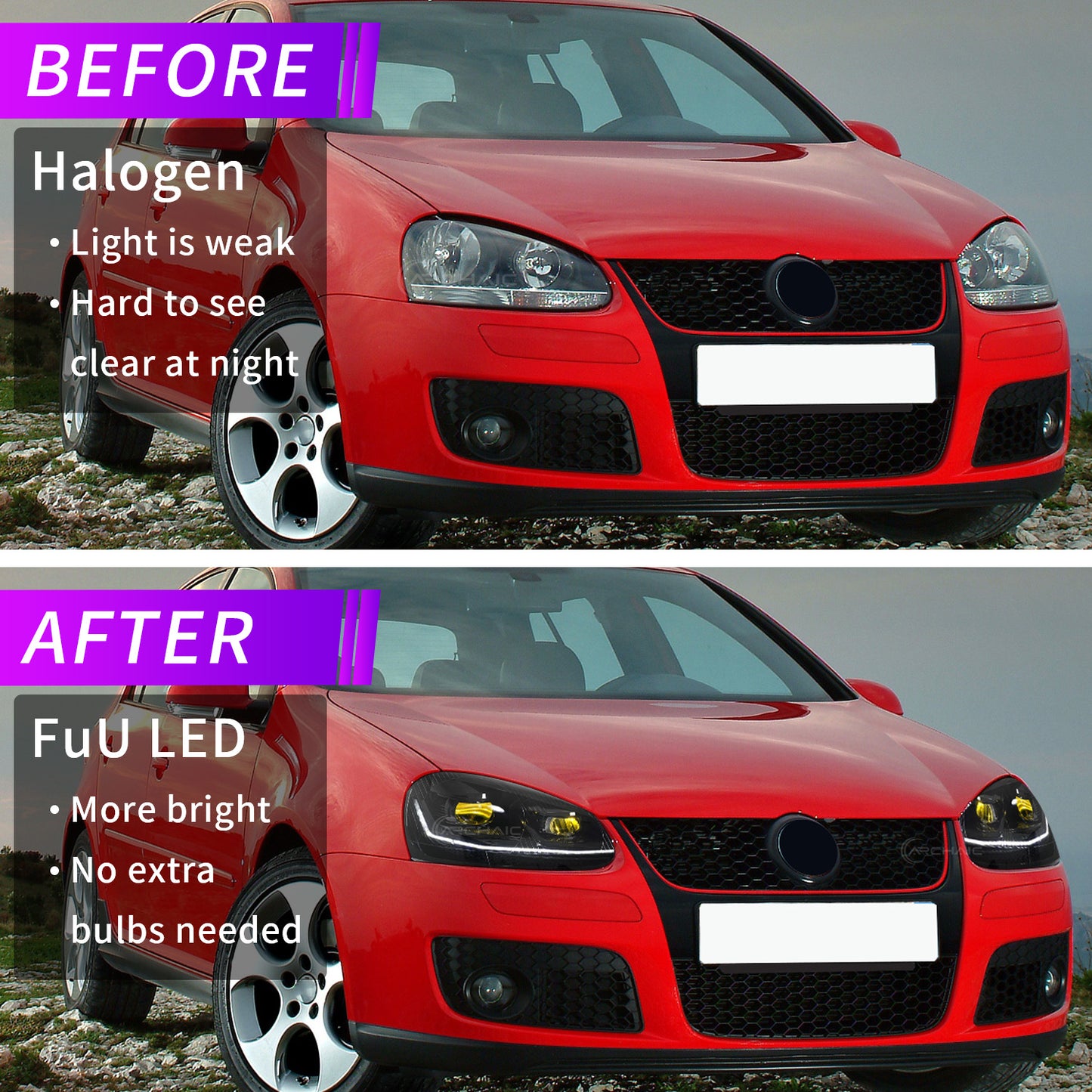 Faros delanteros LED completos Archaic para VW Golf MK5 Rabbit LED Headlights 2006-2009 | Jetta 2006-2010 | Animación de inicio + Intermitentes secuenciales | Negro brillante