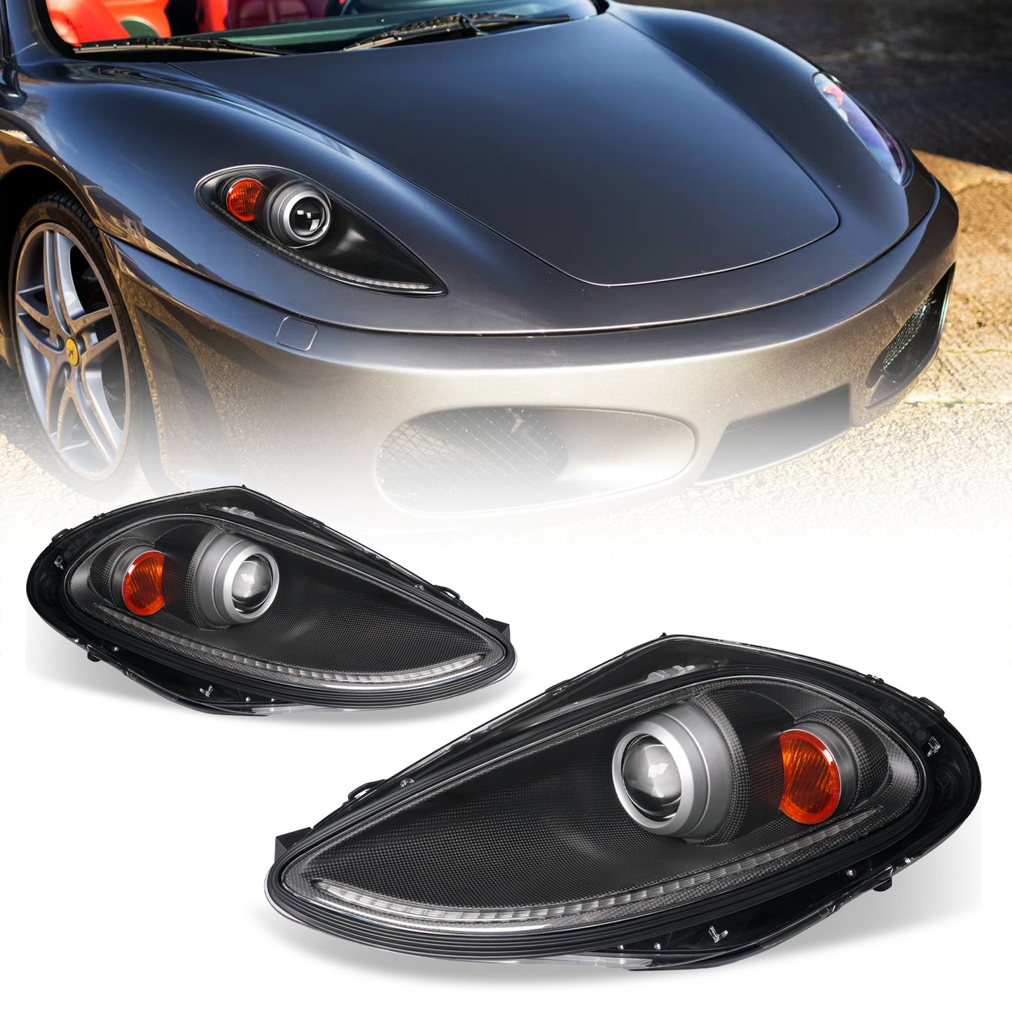 Ferrari F430 Carbon Fiber Wrapped Bi-Xenon Projector Headlights – E-Mark & DOT Certified OEM+ Upgrade