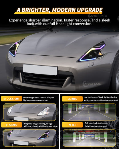 Faros LED de alto rendimiento para Nissan 370Z Z34 2008–2021 | DRL con animación RGB al encender