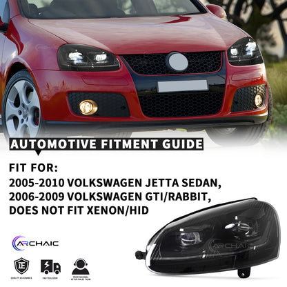 Faros delanteros LED completos Archaic para VW Golf MK5 Rabbit LED Headlights 2006-2009 | Jetta 2006-2010 | Animación de inicio + Intermitentes secuenciales | Negro brillante