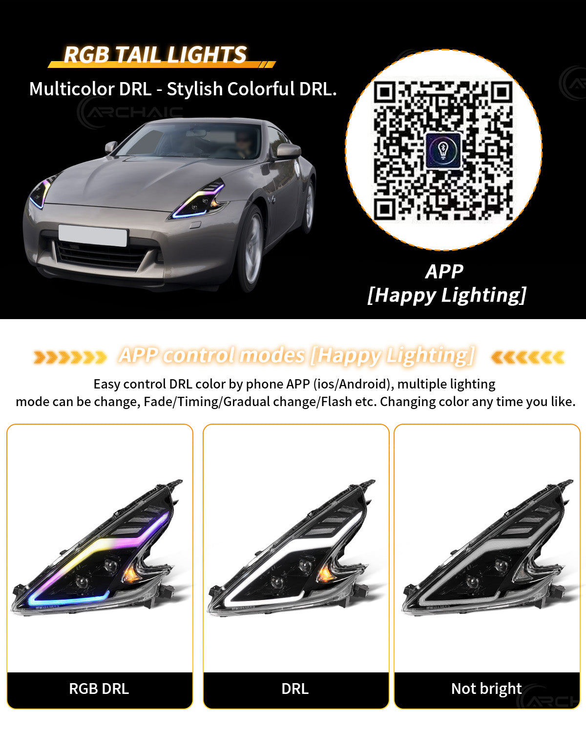 Faros LED de alto rendimiento para Nissan 370Z Z34 2008–2021 | DRL con animación RGB al encender