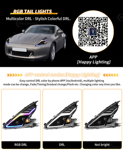 Faros LED de alto rendimiento para Nissan 370Z Z34 2008–2021 | DRL con animación RGB al encender