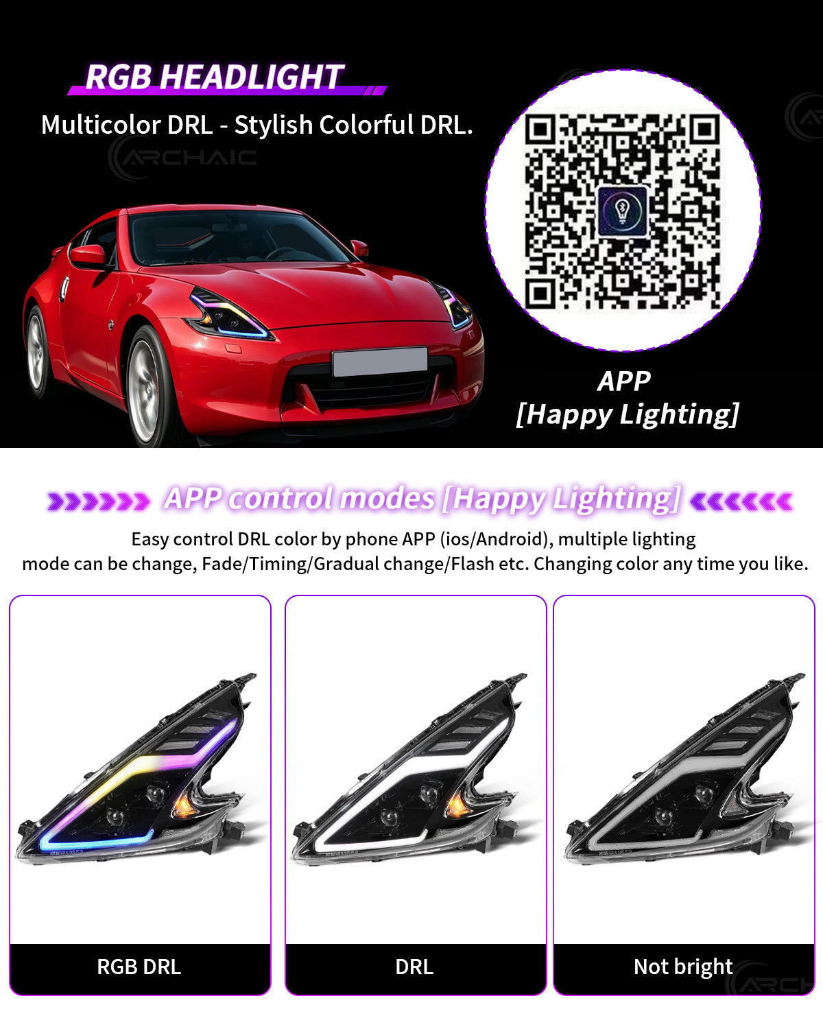 Archaic RGB LED Headlights For Nissan 370Z Z34 2009–2020 with App Control