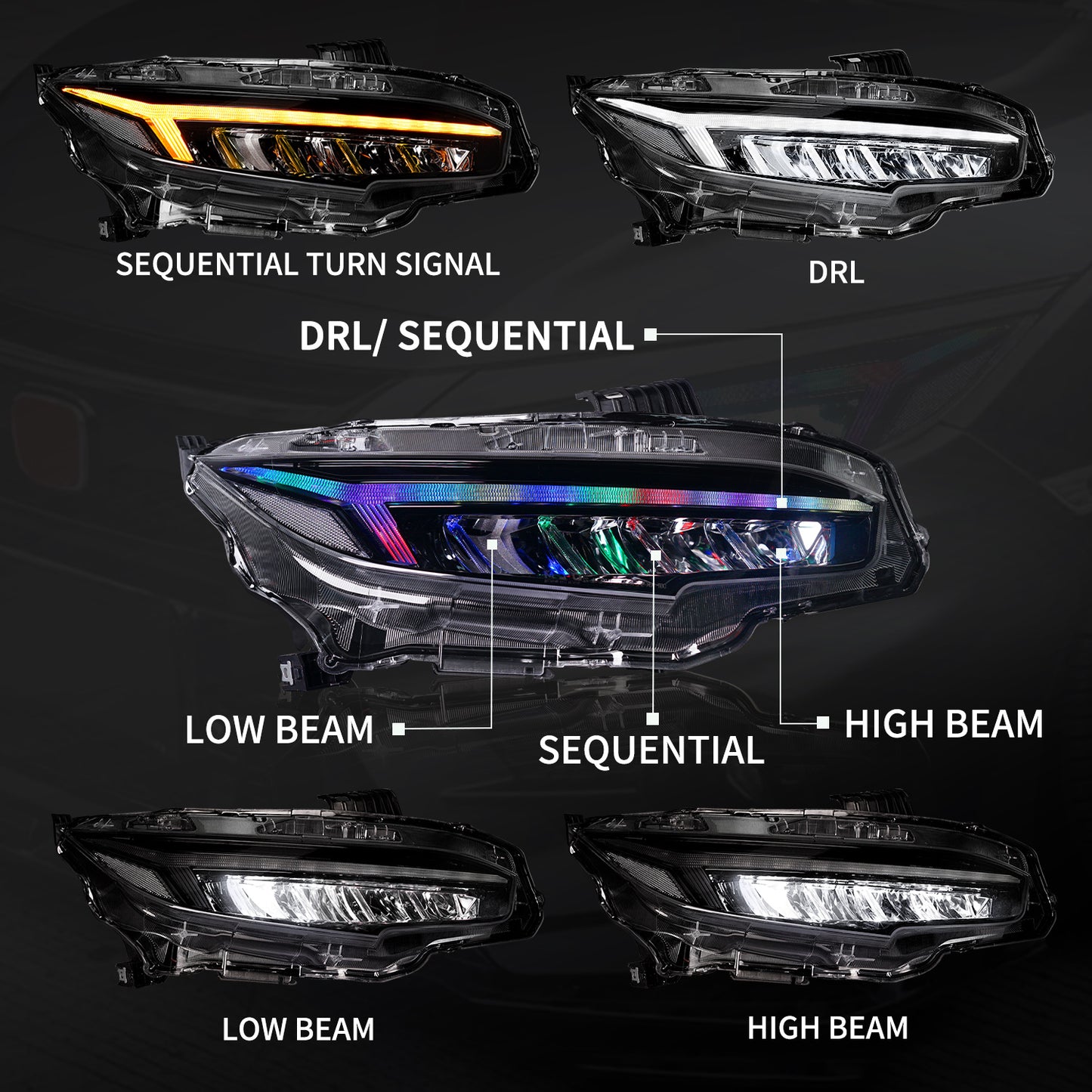 RGB Headlights Assembly For 10th Gen Honda Civic 2016-2021